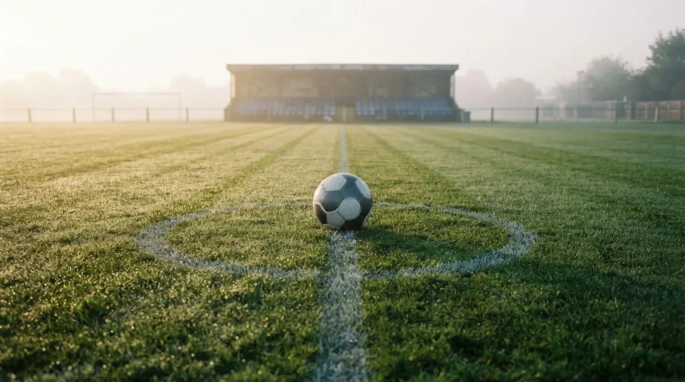 Ein einzelner Fussball liegt auf dem Anstosspunkt eines leeren Rasenplatzes am frühen Morgen, Tau glitzert auf dem Gras, die Tribüne liegt im Dunst.