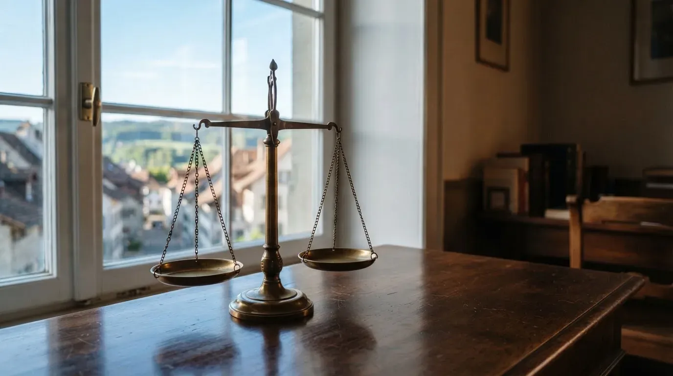 Eine Waage aus Messing steht auf einem polierten Schreibtisch vor einem Fenster mit Blick auf Dächer und sanfte Hügel.