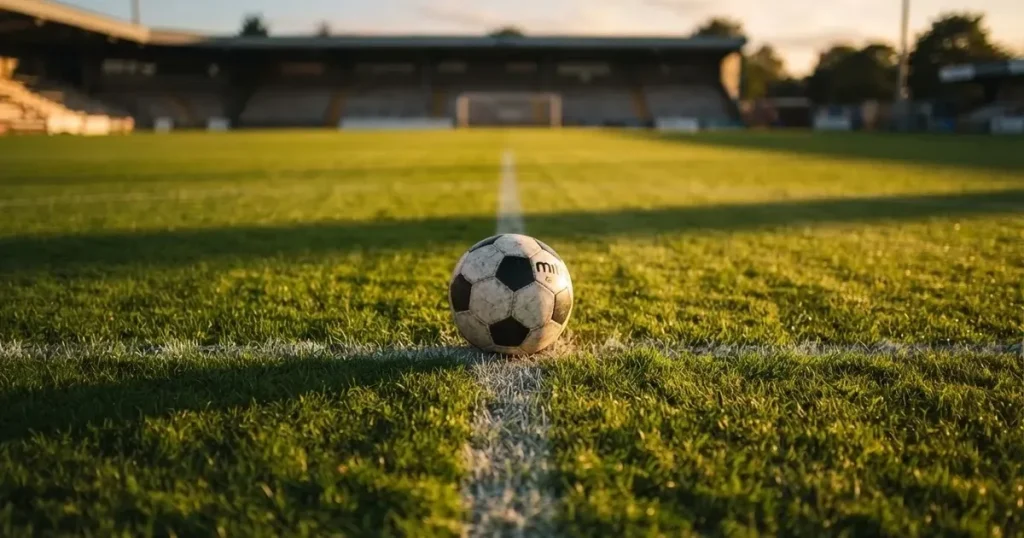 Ein Fussball liegt auf dem Mittelkreis eines Rasenfelds, die weissen Linien kreuzen sich auf dem gepflegten Gras im warmen Abendlicht.