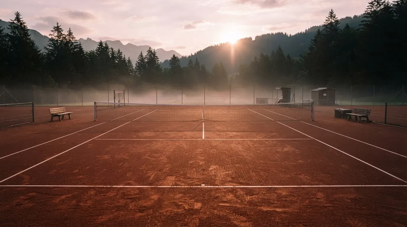 Ein Tennisplatz bei Sonnenaufgang, die Linien frisch gezogen, das Netz in der Mitte und Nebel über dem Boden.