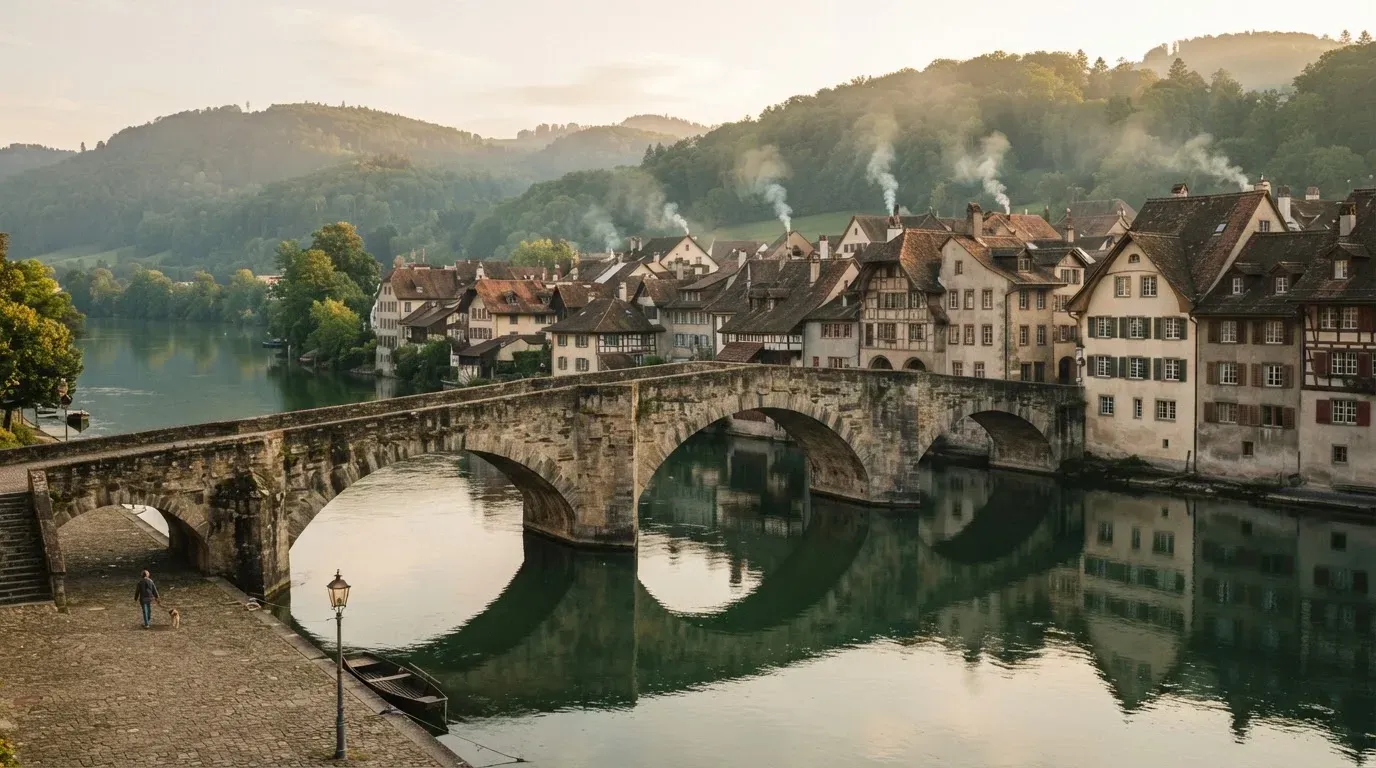 Eine alte Steinbrücke über einen ruhigen Fluss, dahinter Häuser mit Ziegeldächern und bewaldete Hügel.