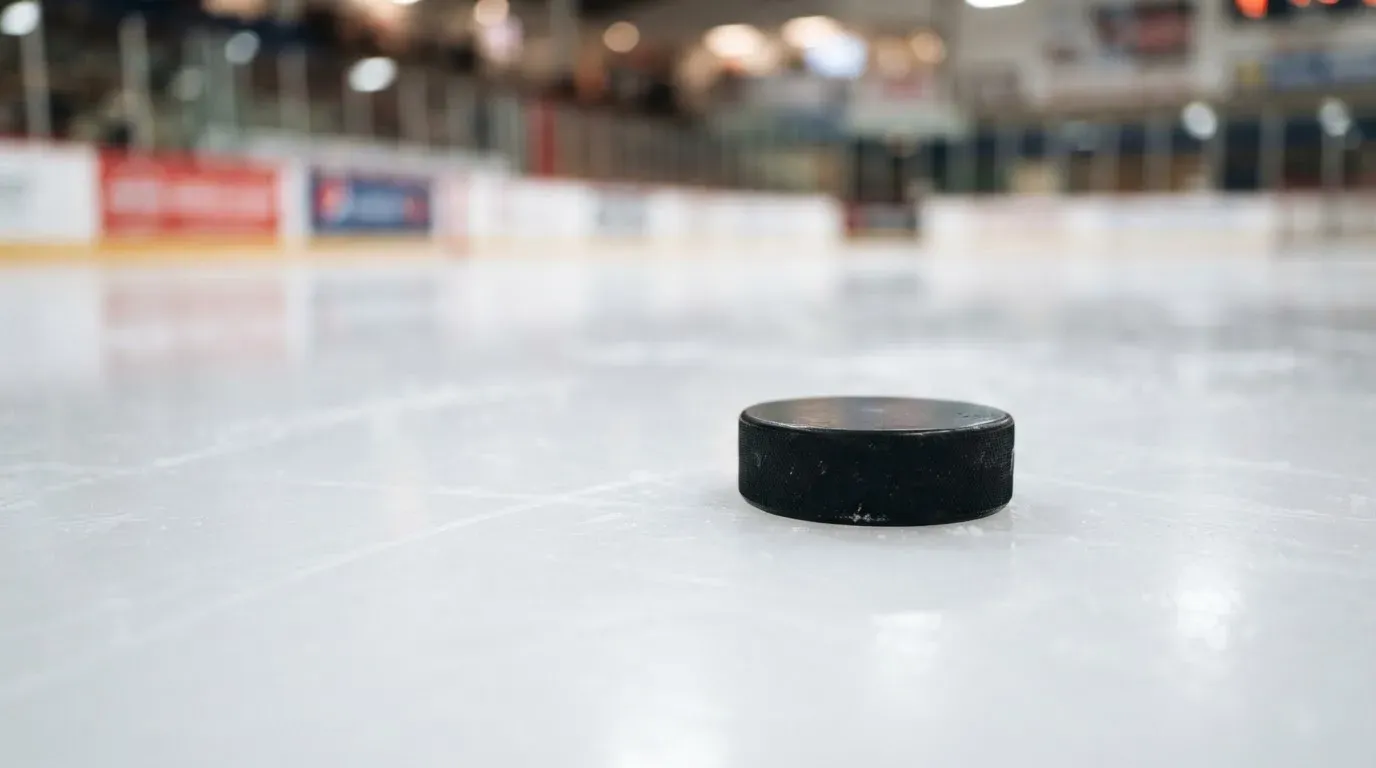 Ein Eishockeypuck liegt auf dem Eis, im Hintergrund unscharf die Bande unter hellem Hallenlicht.