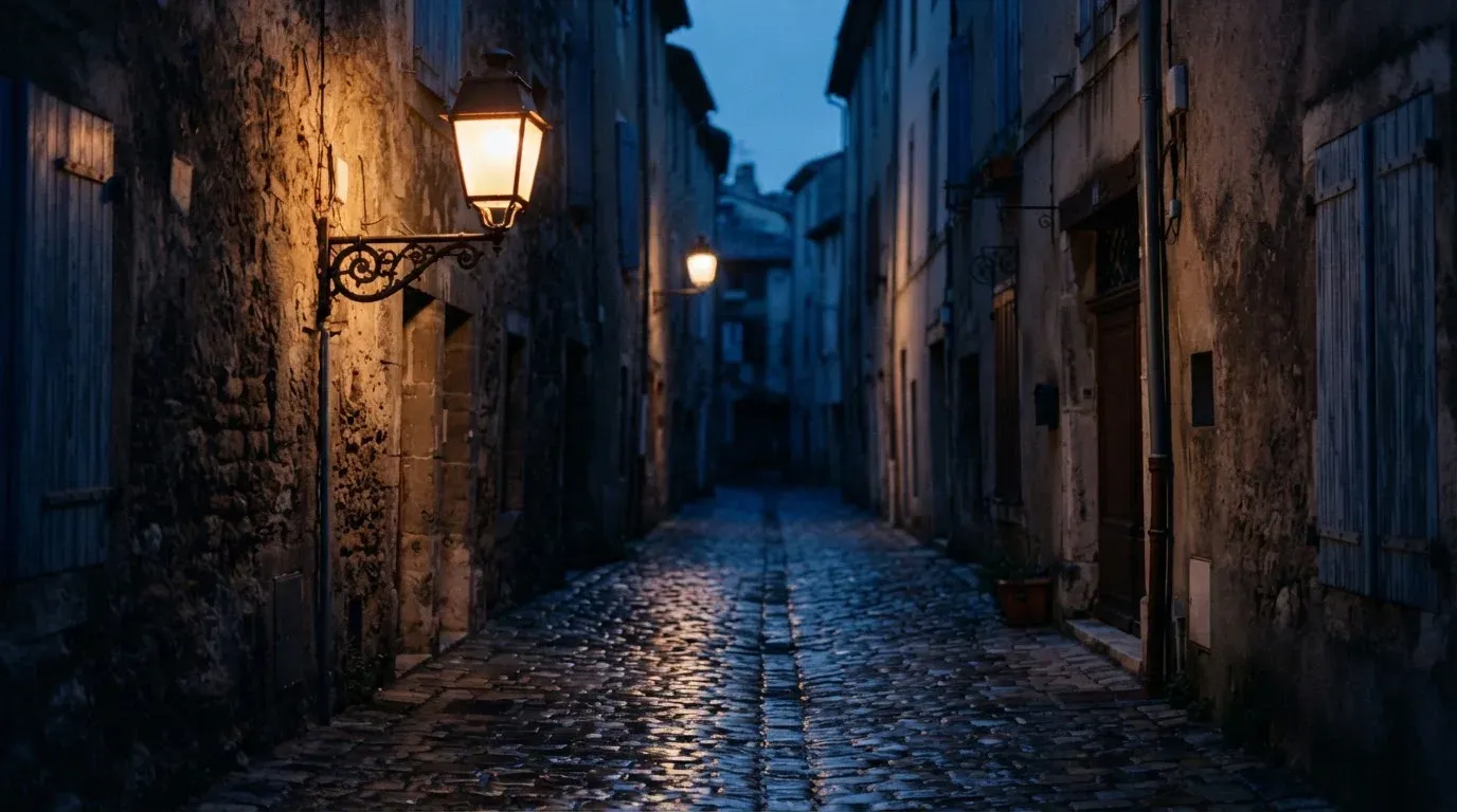 Eine Strassenlaterne in einer leeren Gasse am Abend, das nasse Kopfsteinpflaster spiegelt das warme Licht.