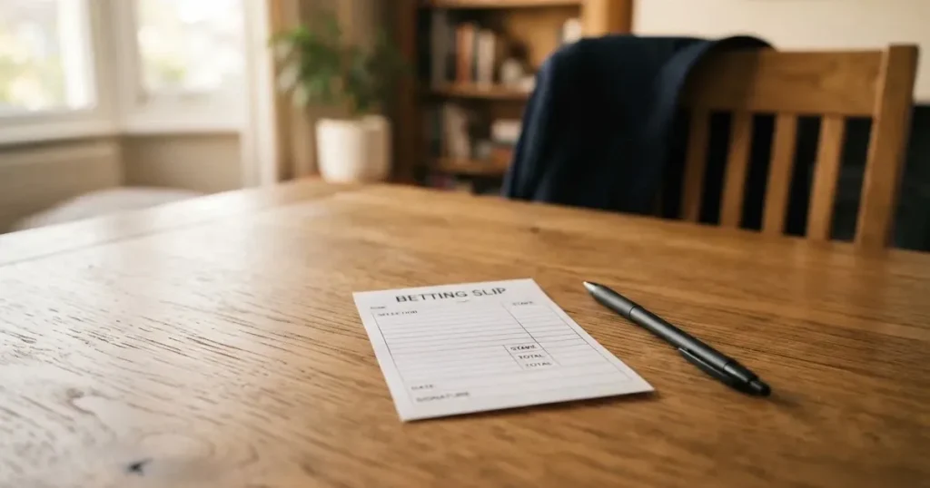 Ein leerer Wettschein aus Papier liegt neben einem Kugelschreiber auf einem Holztisch, weiches Licht fällt von der Seite.