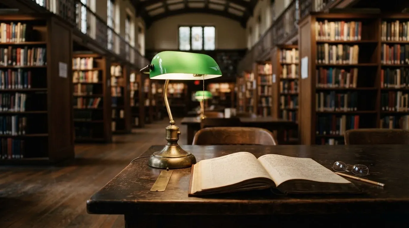 Eine Bibliothek mit hohen Holzregalen voller Bücher, im Vordergrund ein Lesetisch mit grüner Lampe.