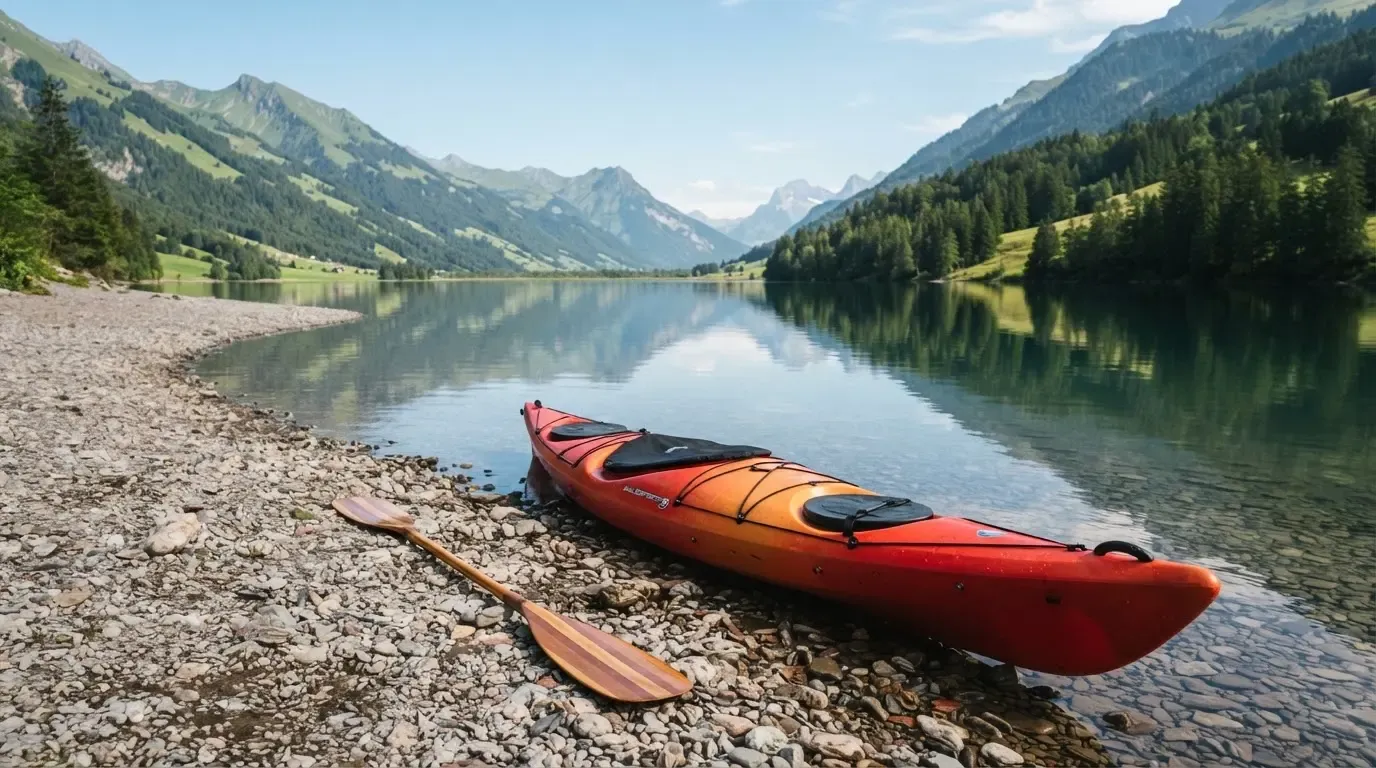 Ein Kajak liegt am Ufer eines Bergsees, daneben ein Paddel, das Wasser ist glatt und der Himmel klar.