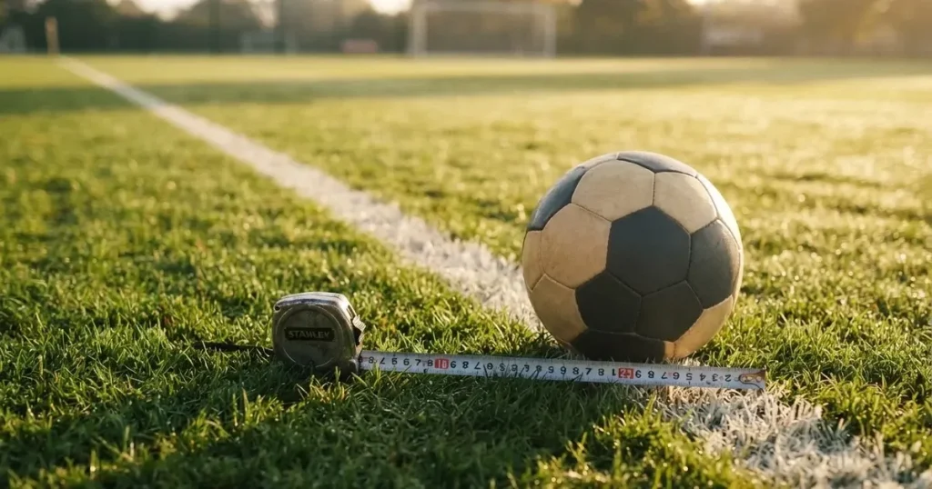 Ein Fussball und ein Massband liegen auf kurz geschnittenem Rasen neben einer Kreidelinie, Morgenlicht von der Seite.