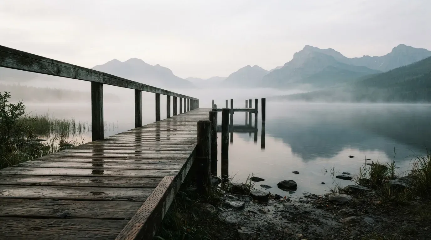 Ein Seeufer mit einem hölzernen Steg, Nebel liegt über dem Wasser, am anderen Ufer erheben sich Berge.