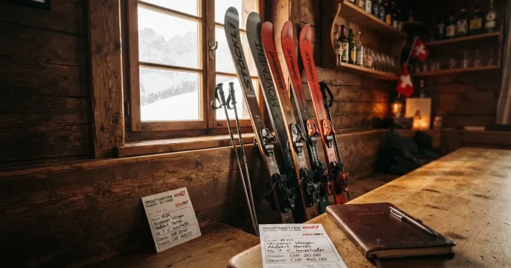 Mehrere Skier und Stöcke lehnen ordentlich in einer Reihe an der Holzwand einer Berghütte, vor dem Fenster liegt Schnee.