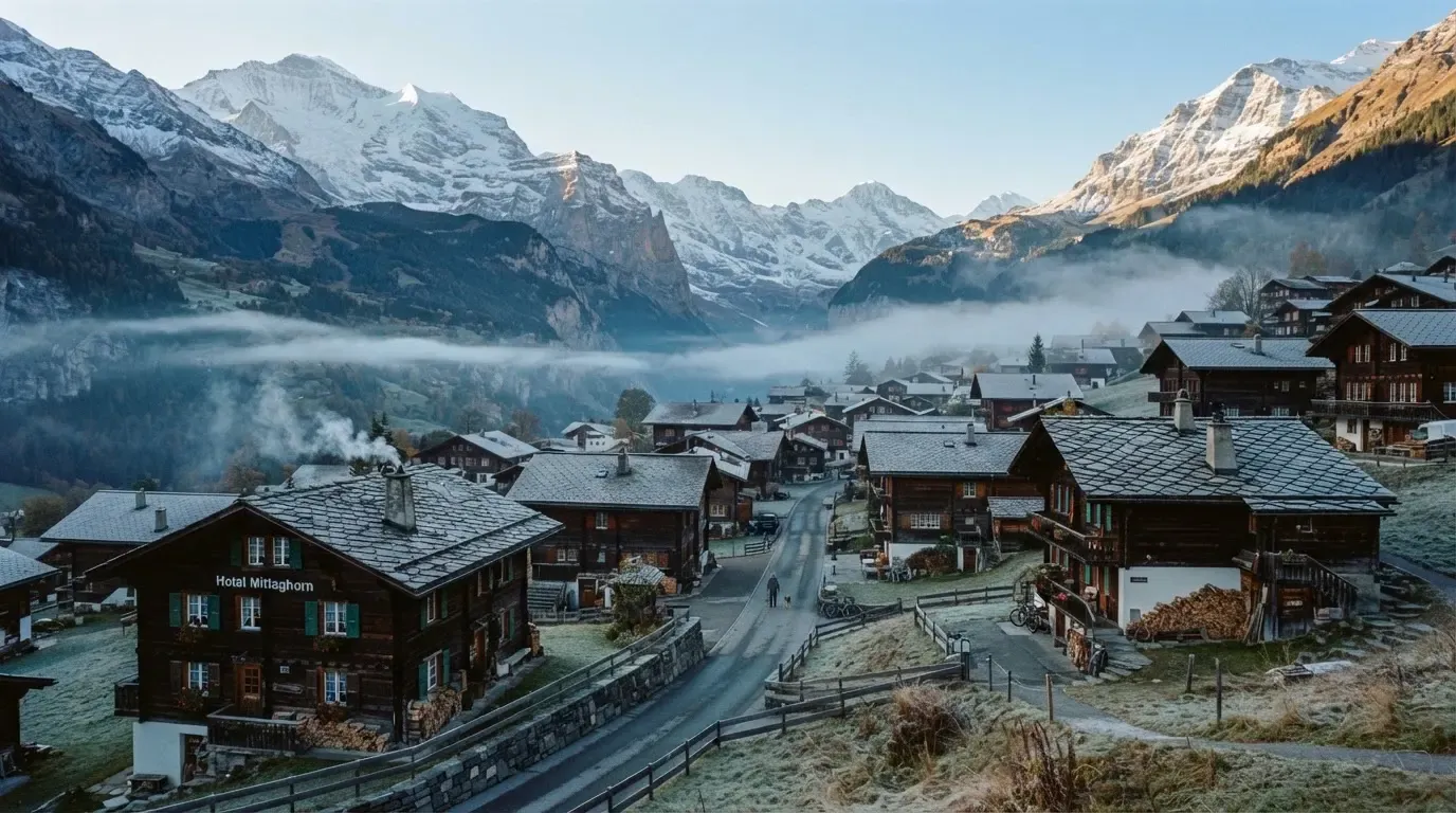 Ein Bergdorf mit Holzhäusern im Tal an einem klaren Morgen, über den Dächern liegen Nebelschwaden und am Horizont ragen Gipfel empor.