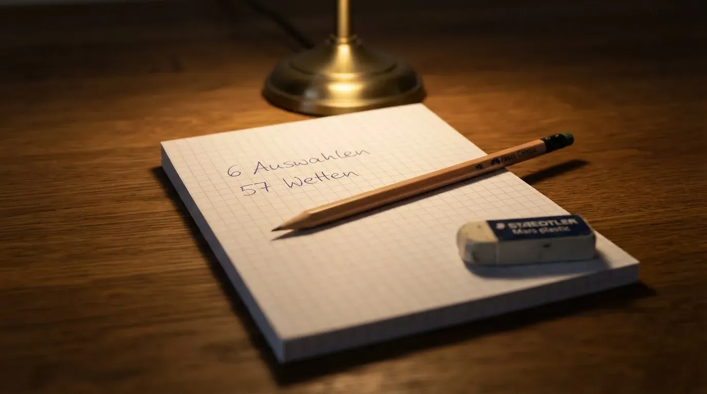 Ein Bleistift und ein Radiergummi liegen auf einem kleinen Stapel Notizzettel, gelbes Licht einer Schreibtischlampe.