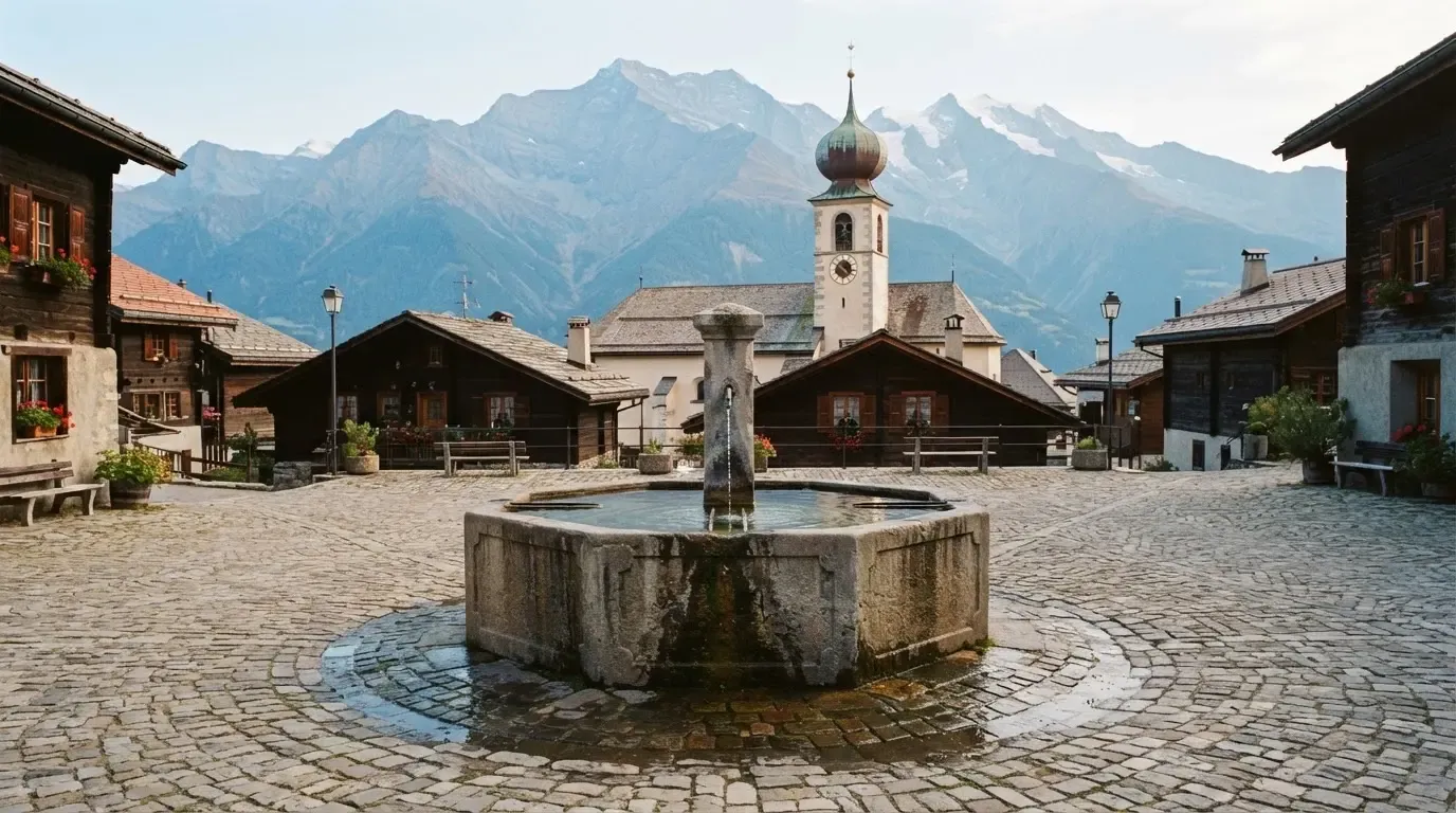 Ein Brunnen auf einem Dorfplatz mit Kopfsteinpflaster, im Hintergrund eine Kirche mit Zwiebelturm und Berge.