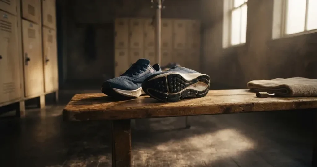 Eine Reihe Sportschuhe steht auf einer Bank in einer Umkleide, Licht fällt aus einem hohen Fenster.