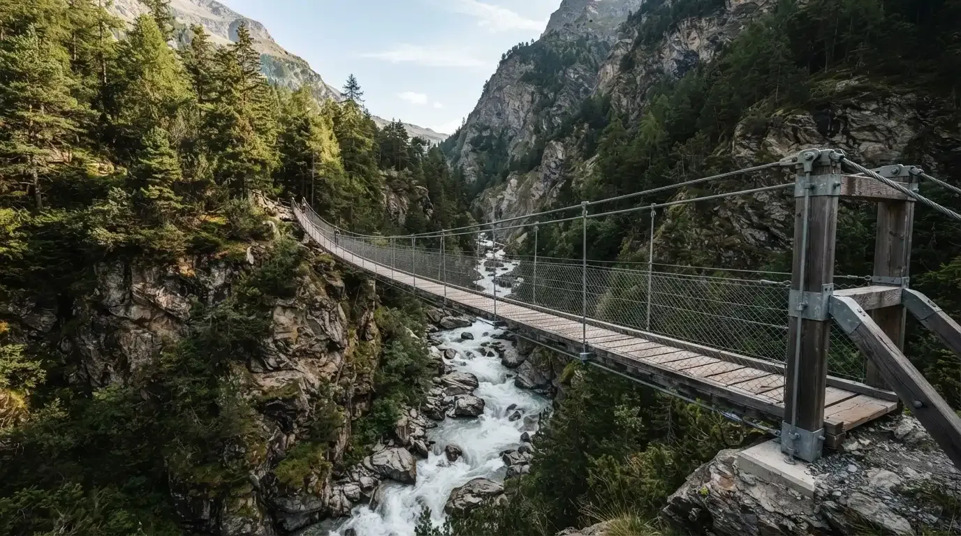 Eine Hängebrücke spannt sich über eine tiefe Schlucht, unten rauscht ein Fluss zwischen bewaldeten Felswänden.
