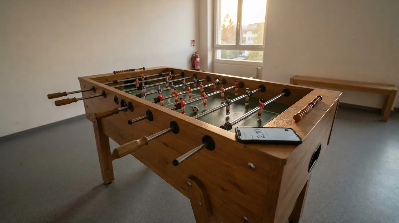Ein Tischfussballtisch steht in einem leeren Aufenthaltsraum, Nachmittagslicht fällt durch ein Fenster.