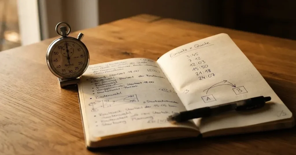 Ein aufgeschlagenes Notizbuch mit handschriftlichen Notizen und Skizzen liegt neben einer Stoppuhr auf einem Holztisch.