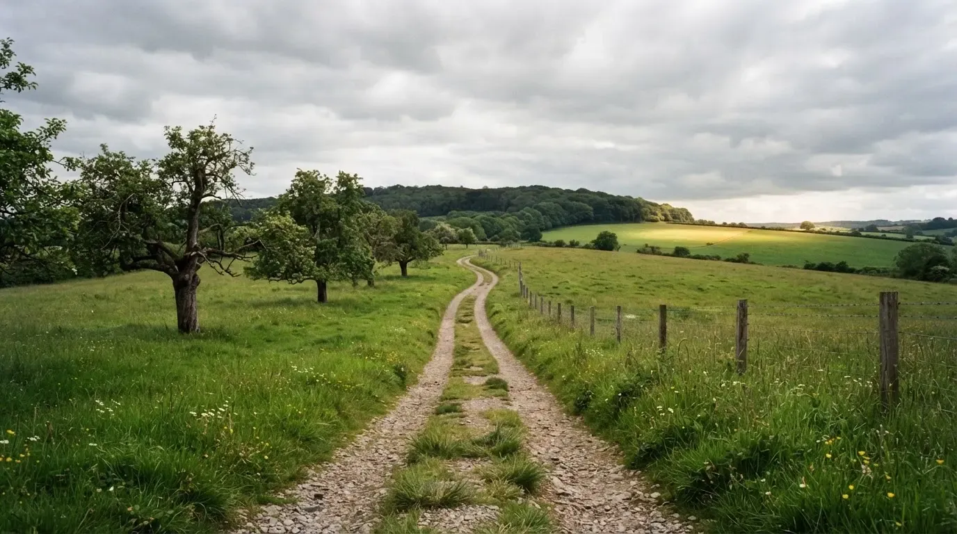 Ein Feldweg führt zwischen Wiesen zu einem Hügel, der Himmel ist bewölkt, am Wegrand stehen Obstbäume.