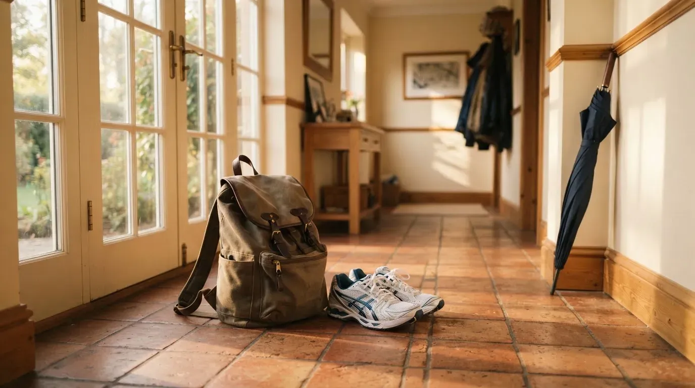 Ein Rucksack und Turnschuhe stehen an einer Haustür, daneben ein Regenschirm, durch das Glas fällt Morgenlicht.