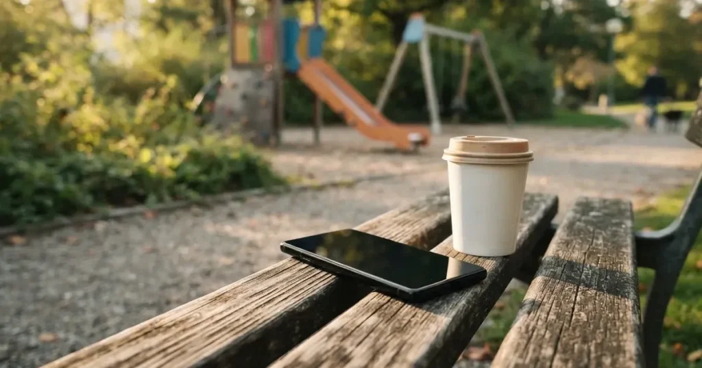 Ein Smartphone mit dunklem Display liegt auf einer Parkbank, daneben ein Kaffeebecher, im Hintergrund ein Spielplatz.