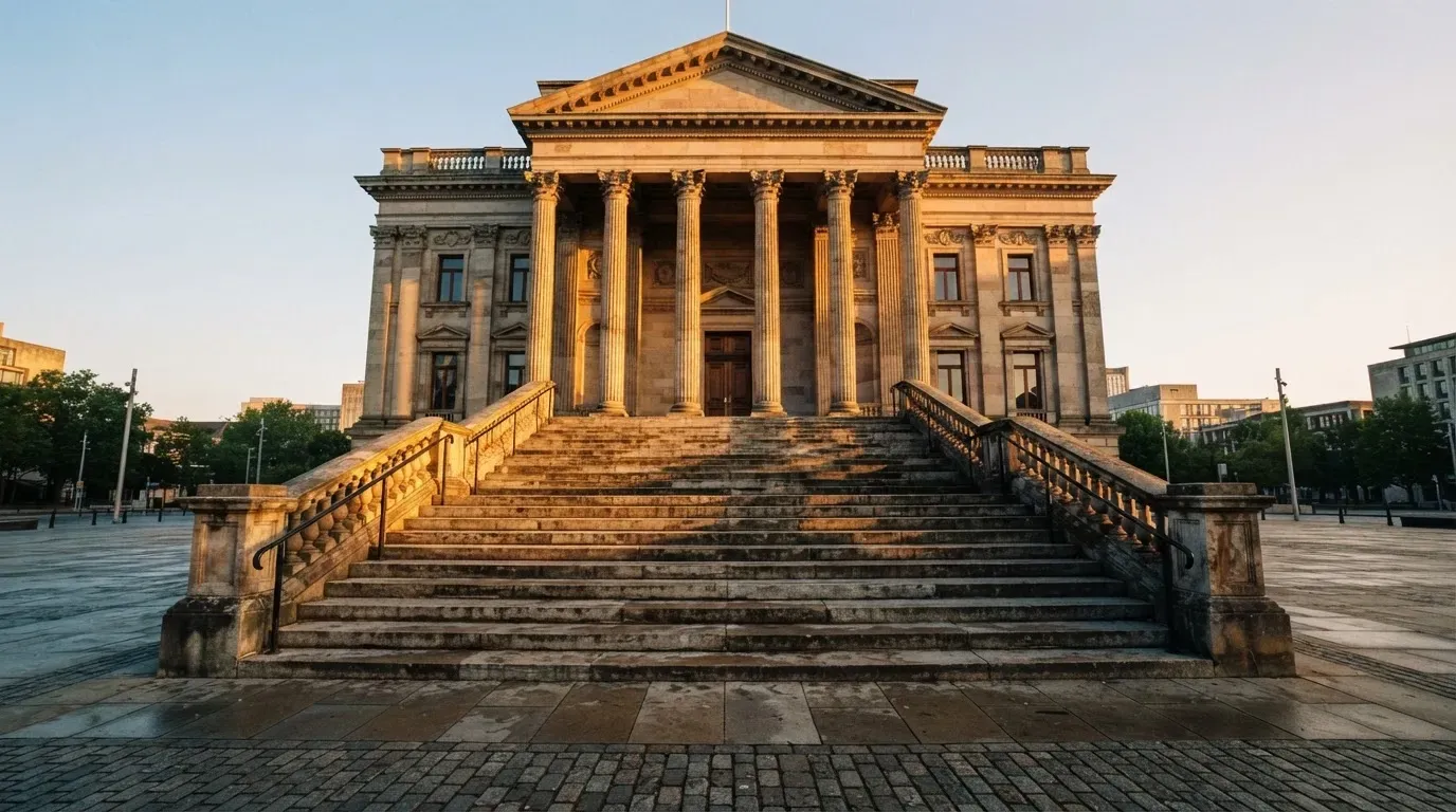Eine breite Steintreppe führt zu einem Gebäude mit Säulen, die Morgensonne scheint, niemand ist zu sehen.