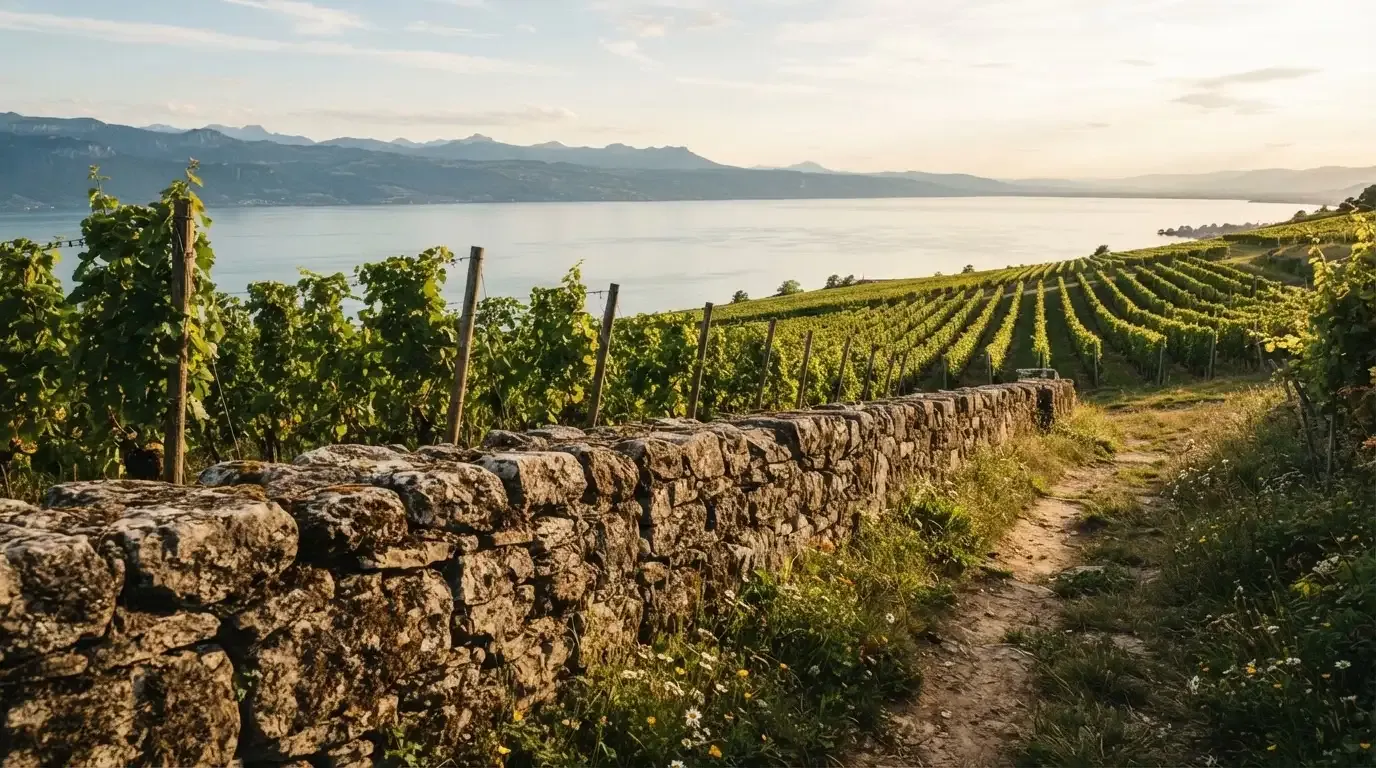 Eine Mauer aus Natursteinen am Wegrand, dahinter Weinberge, die zu einem See hinabführen.