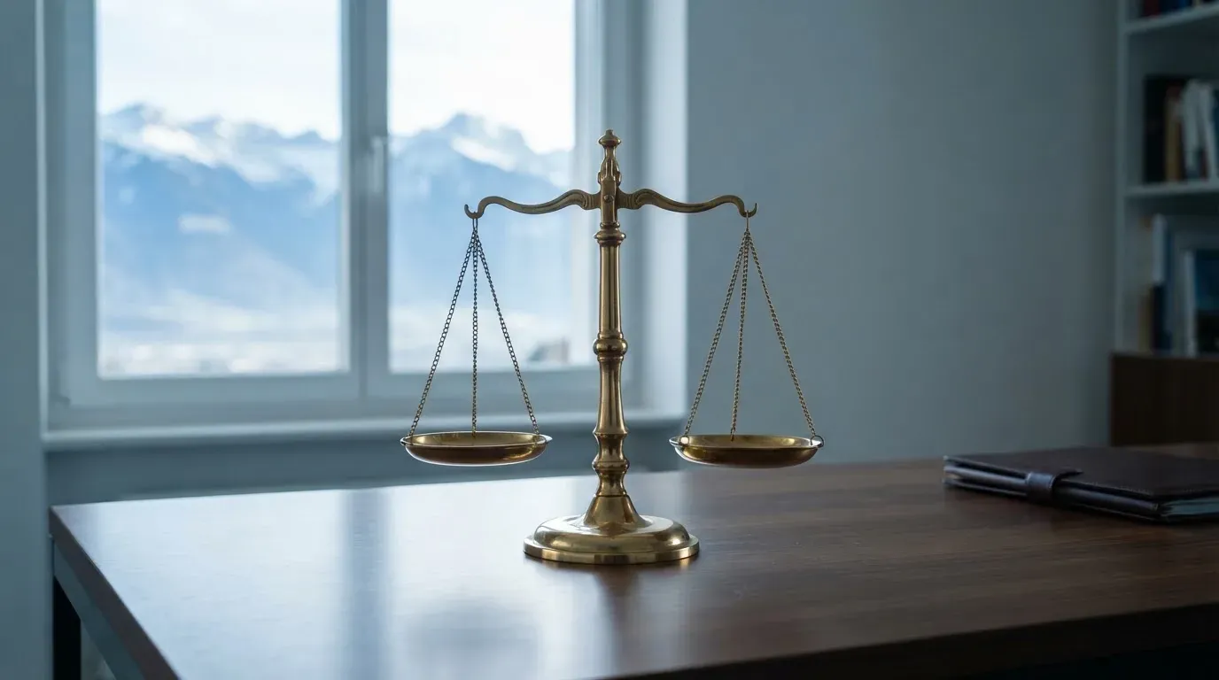 Eine Waage aus Messing steht auf einem polierten Schreibtisch in einem hellen Büro, durch das Fenster sind ferne Berge zu sehen.