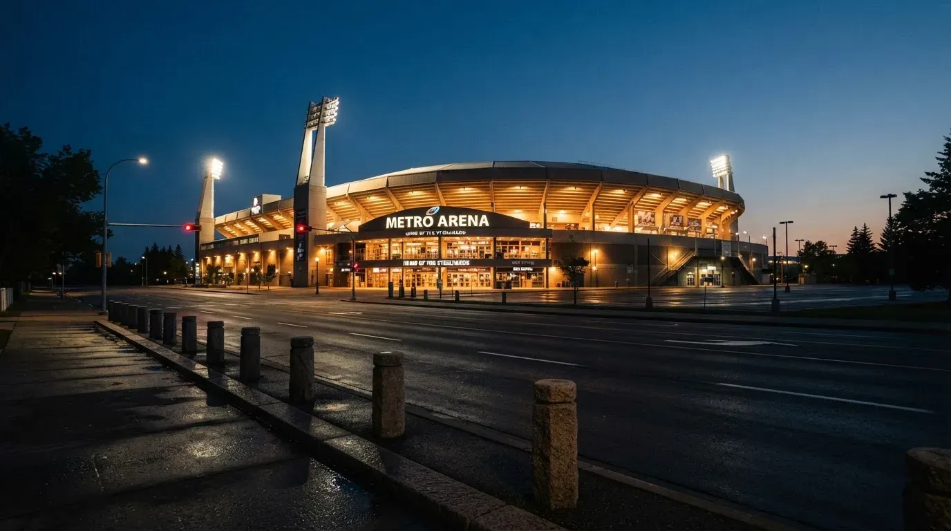 Ein grosses Eisstadion aus der Ferne gesehen, hell erleuchtet von Flutlicht in der Abenddämmerung, davor eine leere Strasse.