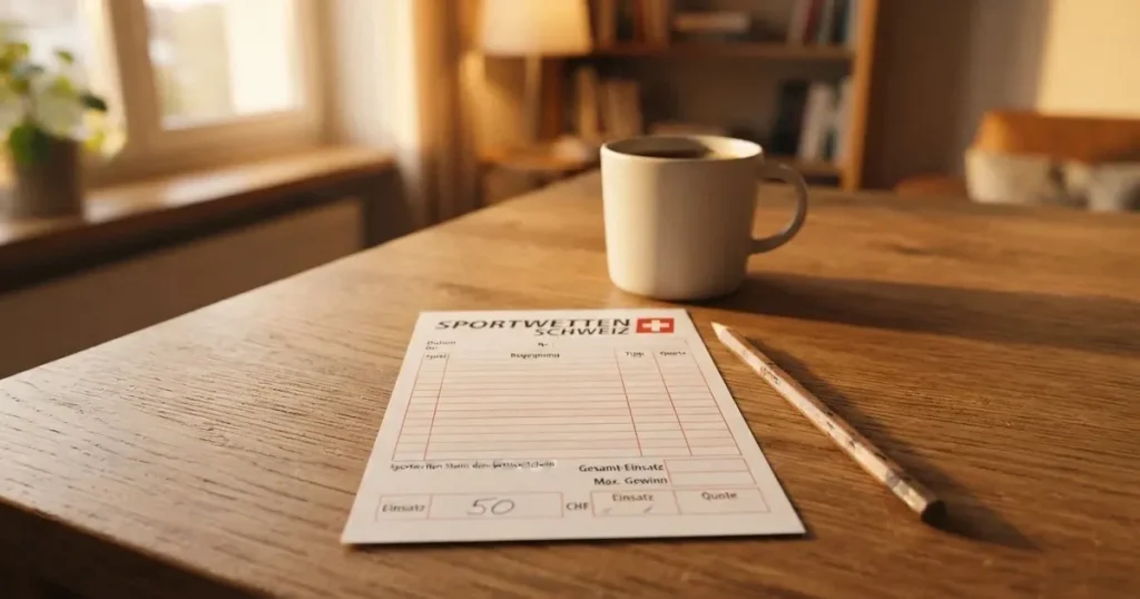 Ein leerer Wettschein aus Papier liegt auf einem Holztisch neben einem Bleistift und einem Kaffeebecher.