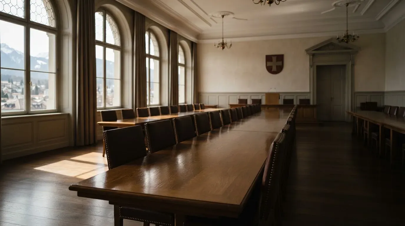Ein leerer Sitzungssaal mit langem Holztisch und Lederstühlen, durch hohe Fenster fällt Tageslicht auf den Boden.