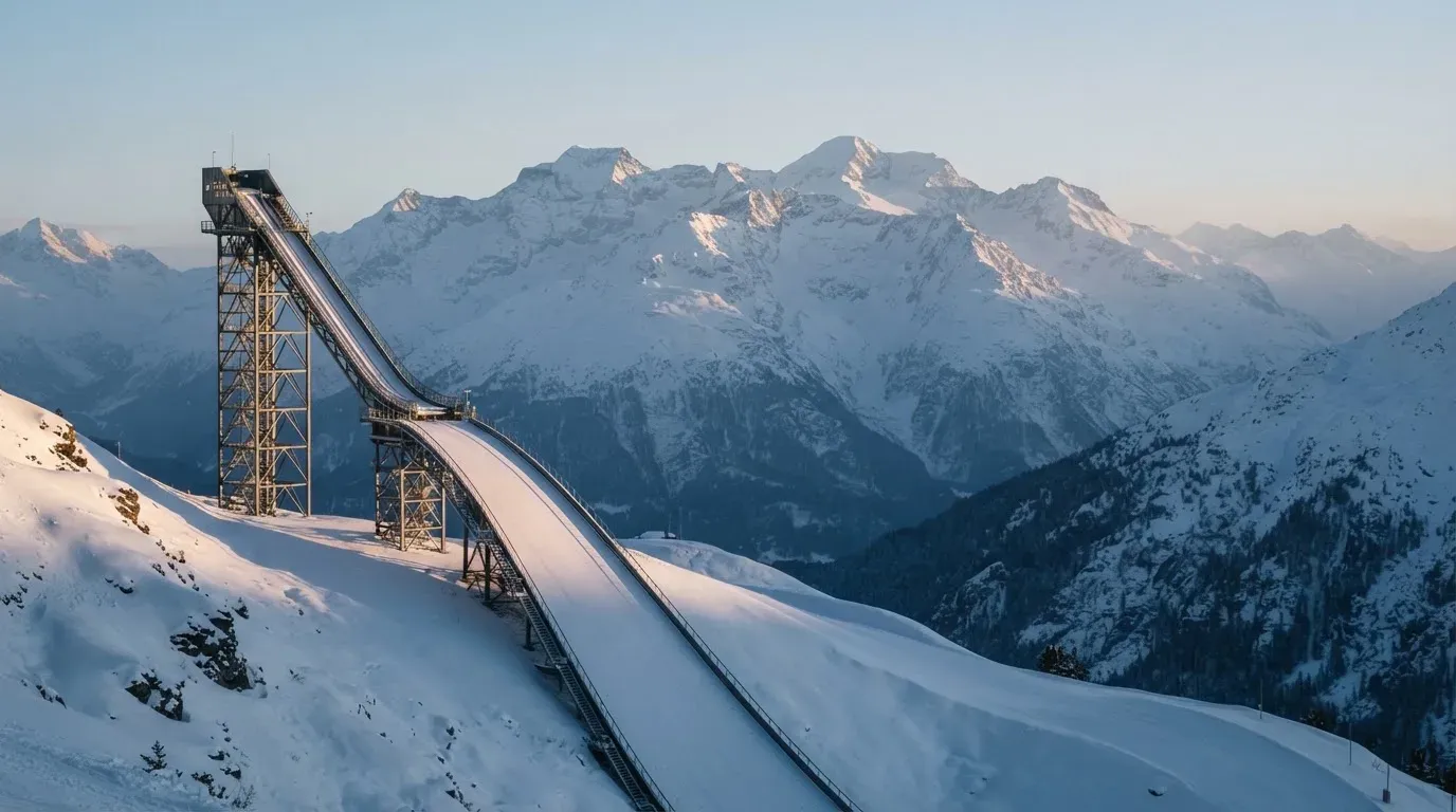 Eine Skisprungschanze erhebt sich vor verschneiten Bergen im Morgenlicht, die Hänge sind unberührt und ruhig.