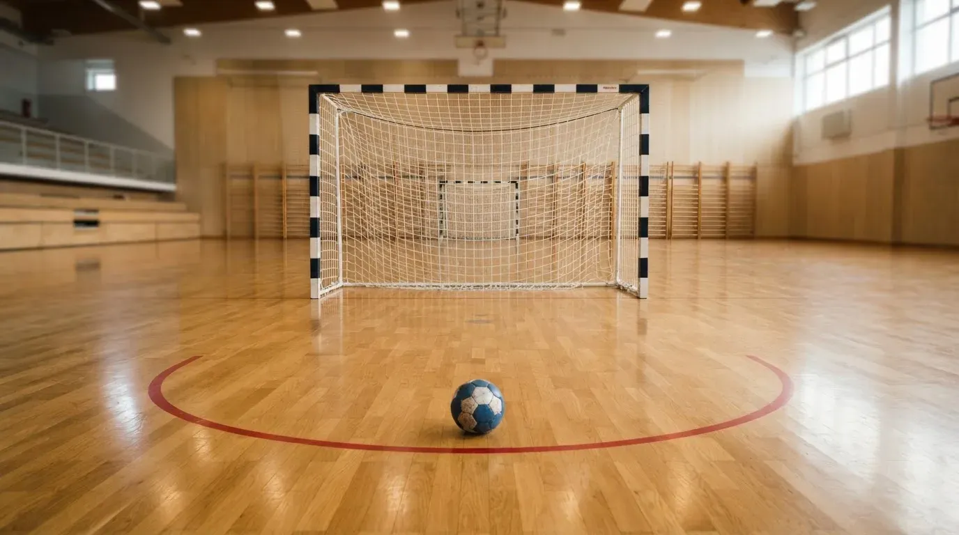 Ein Handballtor in einer leeren Sporthalle, der Ball liegt im Torraum und das Hallenlicht spiegelt sich im Parkett.