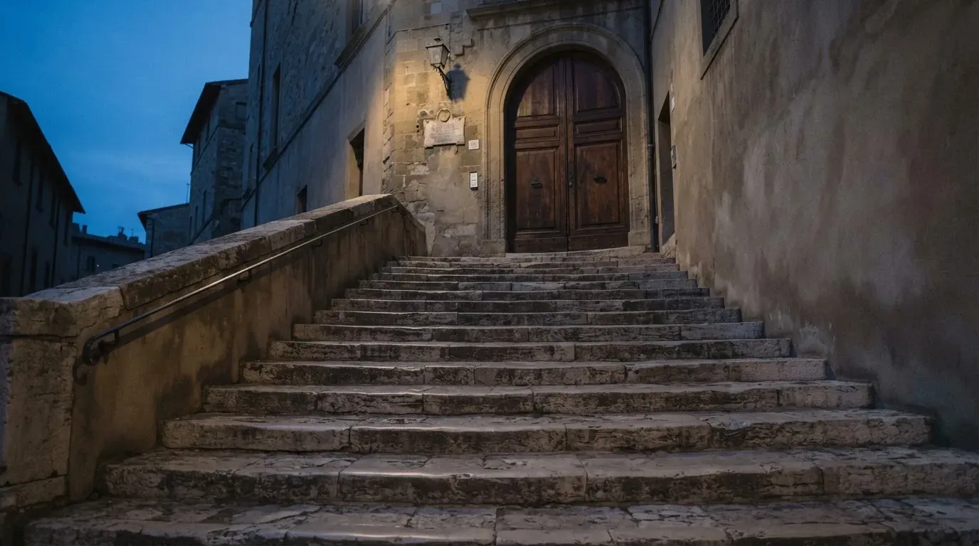 Eine breite Steintreppe führt zu einem hohen Portal aus dunklem Holz, das Licht der Dämmerung liegt auf den Stufen.