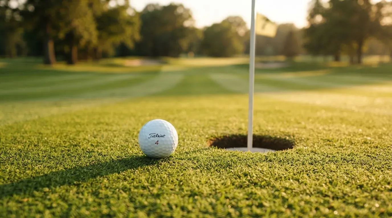 Ein Golfball liegt auf einem gepflegten Grün nahe am Loch, im goldenen Licht der Abendsonne.