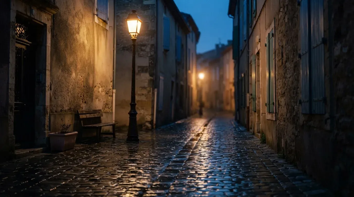 Eine gusseiserne Strassenlaterne in einer ruhigen Altstadtgasse am Abend, das Kopfsteinpflaster glänzt feucht.