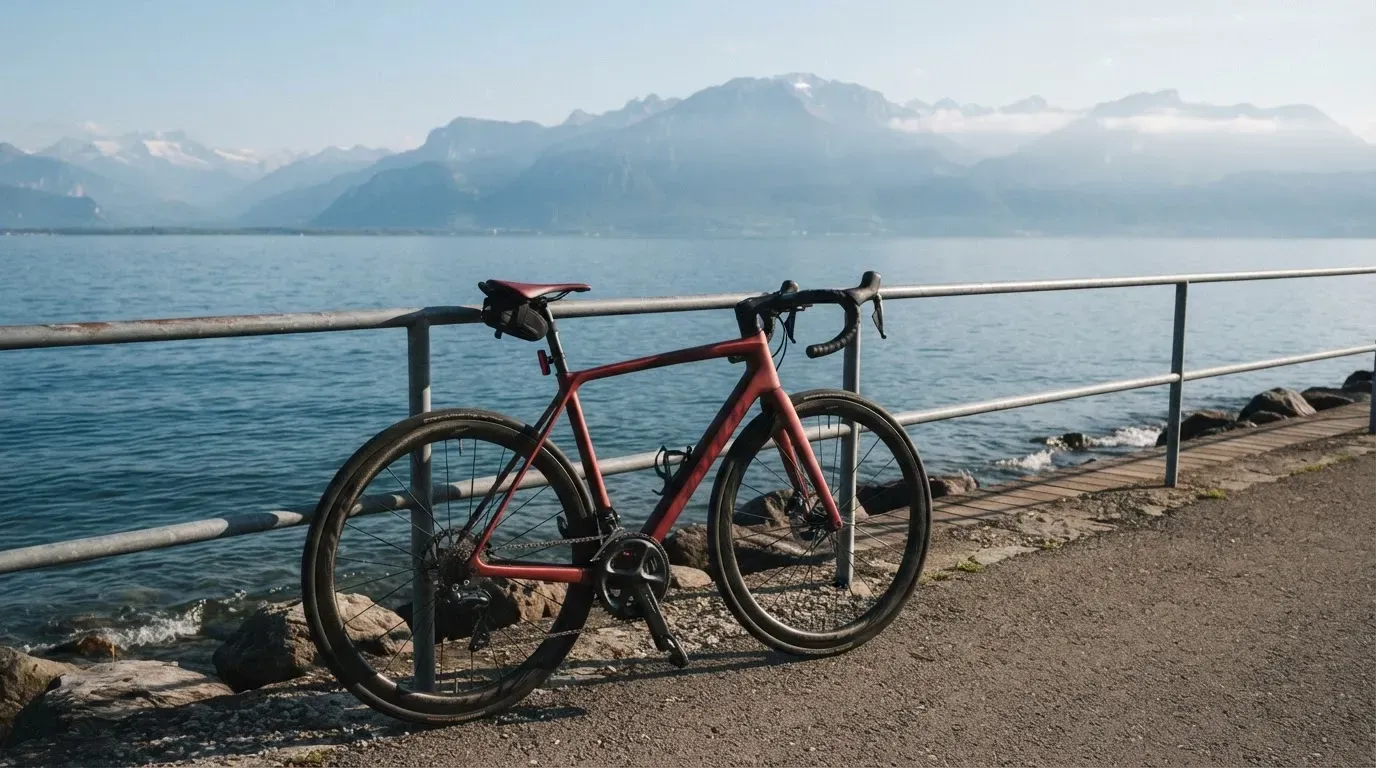 Ein Rennrad lehnt an einem Geländer am Seeufer, dahinter liegt ruhiges Wasser vor einer Bergkette.