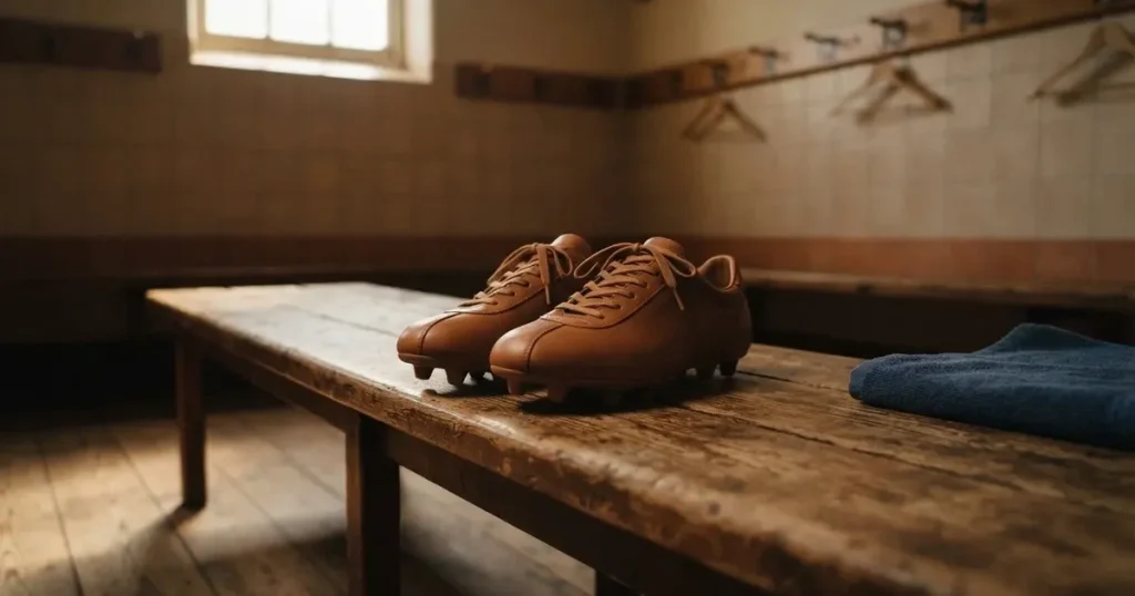 Ein Paar Fussballschuhe steht auf einer Holzbank in einer leeren Umkleide, Morgenlicht fällt durch ein kleines Fenster.