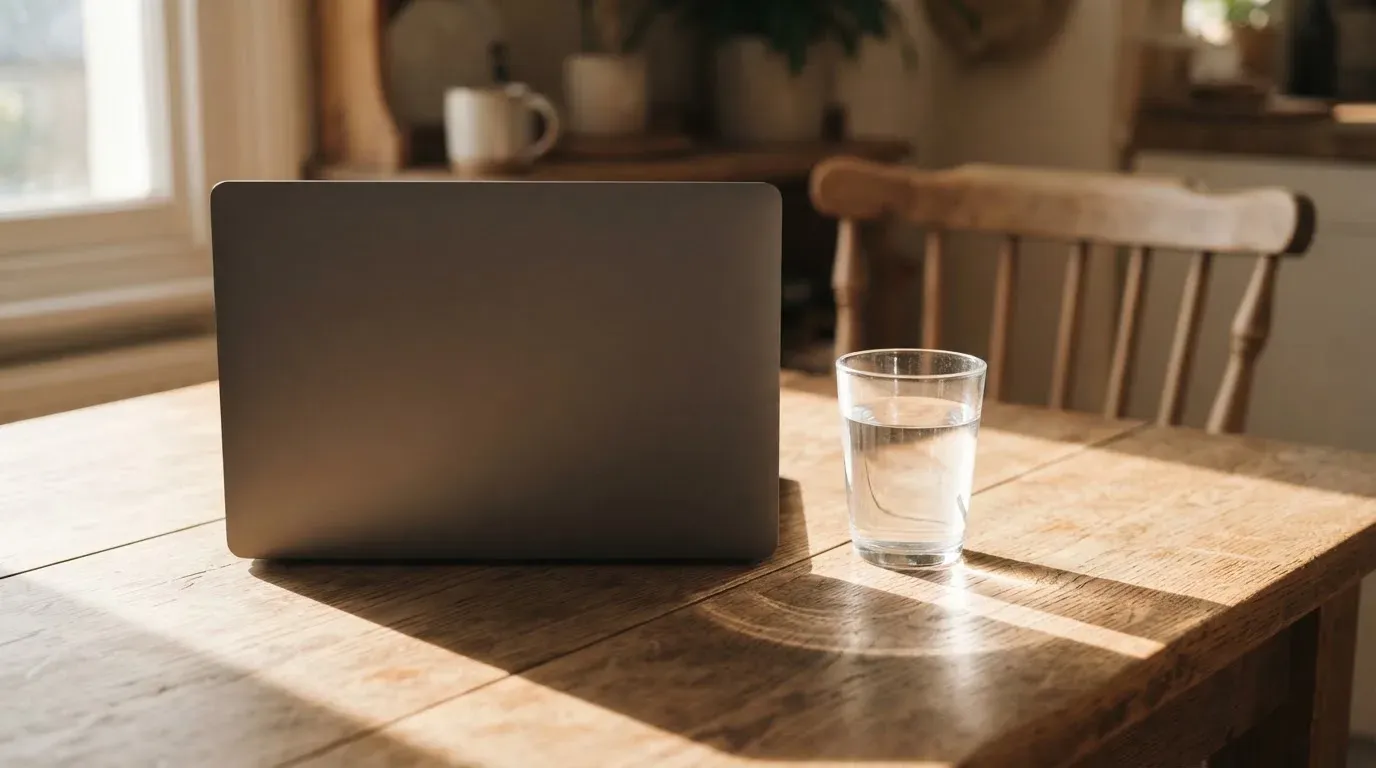 Ein geschlossener Laptop steht neben einem Glas Wasser auf einem Küchentisch im Licht des frühen Morgens.