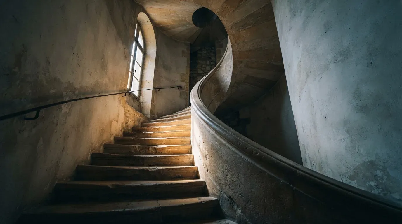 Eine Wendeltreppe aus Stein in einem alten Gebäude, Licht fällt durch ein schmales Fenster auf die Stufen.