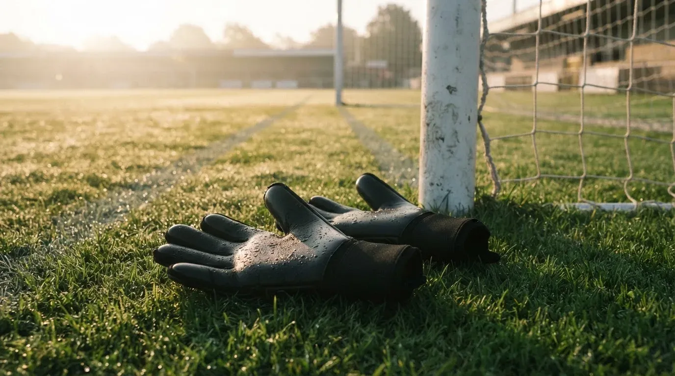 Ein Paar Torwarthandschuhe liegt auf dem Rasen neben einem Torpfosten, der Tau glitzert im Morgenlicht.
