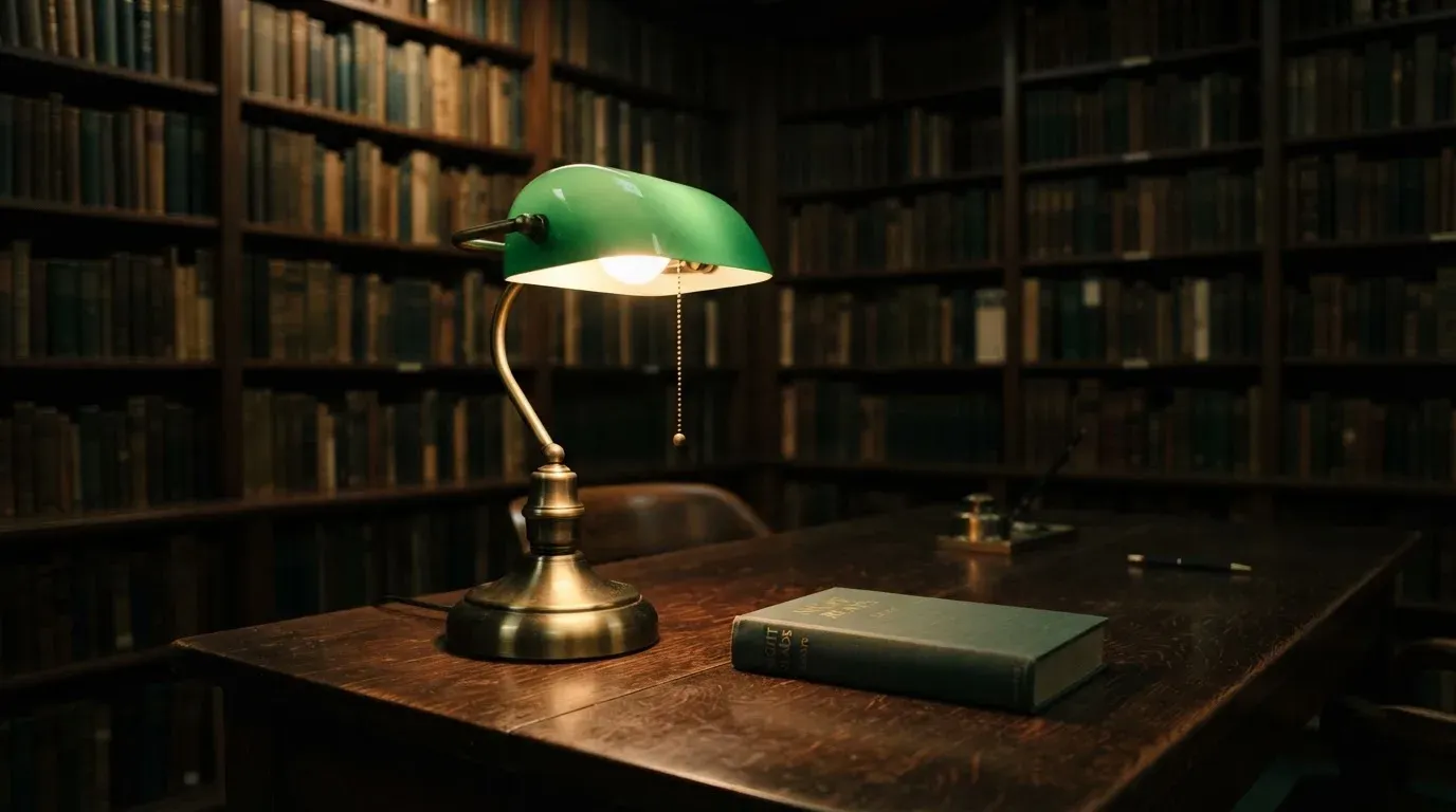 Eine Tischlampe mit grünem Schirm leuchtet auf einem Schreibtisch in einer stillen Bibliothek mit hohen Regalen.