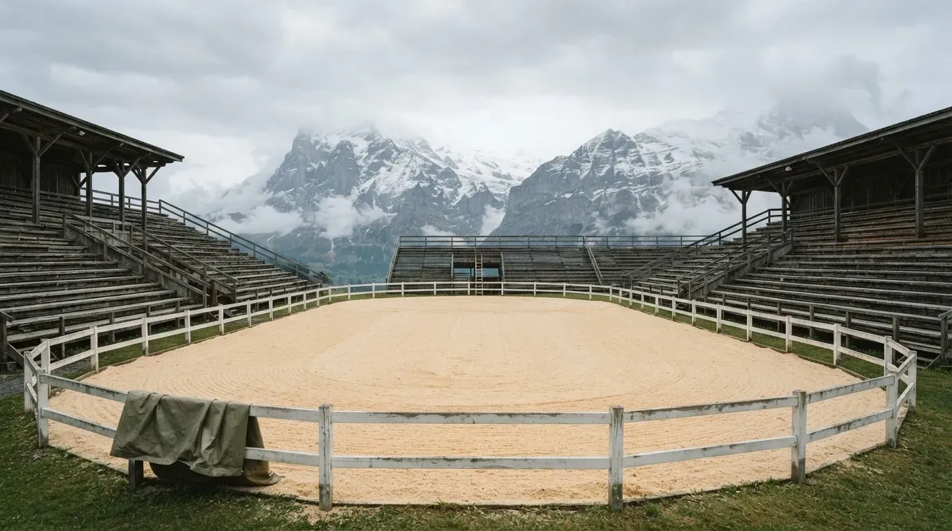Ein Sägemehlring zwischen Tribünen aus Holz vor Alpenkulisse, ruhig und menschenleer unter bewölktem Himmel.