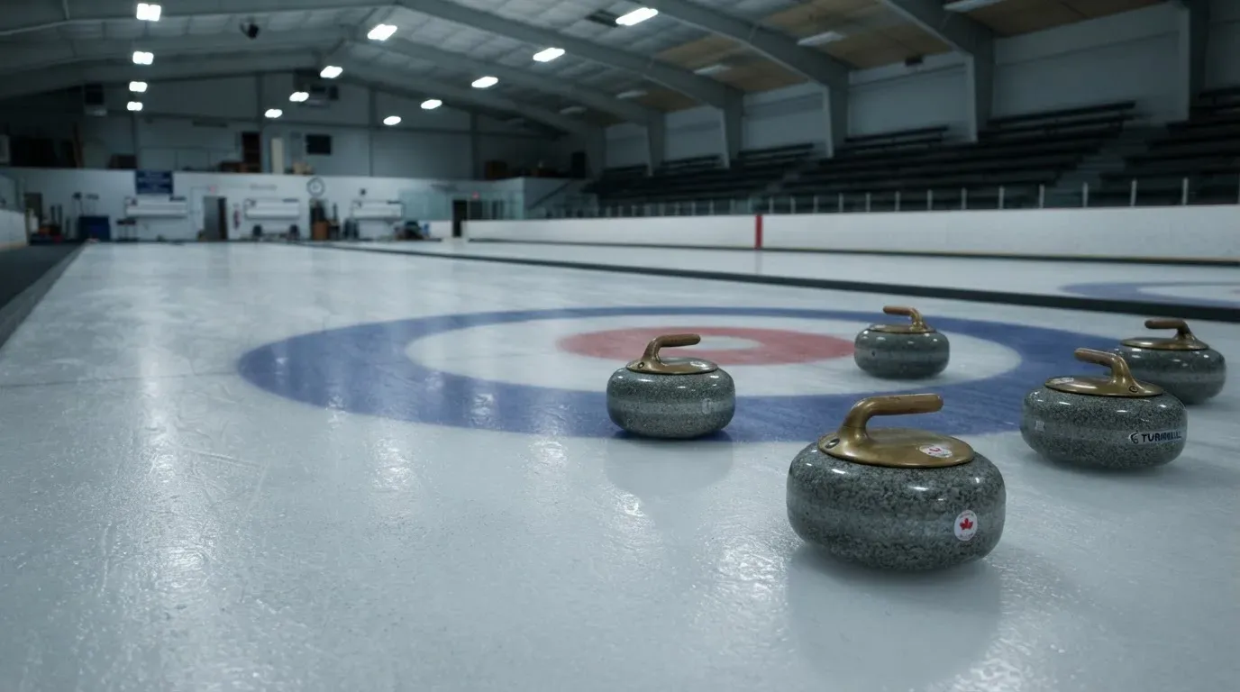 Mehrere Curlingsteine liegen auf einer glatten Eisfläche in einer leeren Halle, Deckenlicht spiegelt sich im Eis.