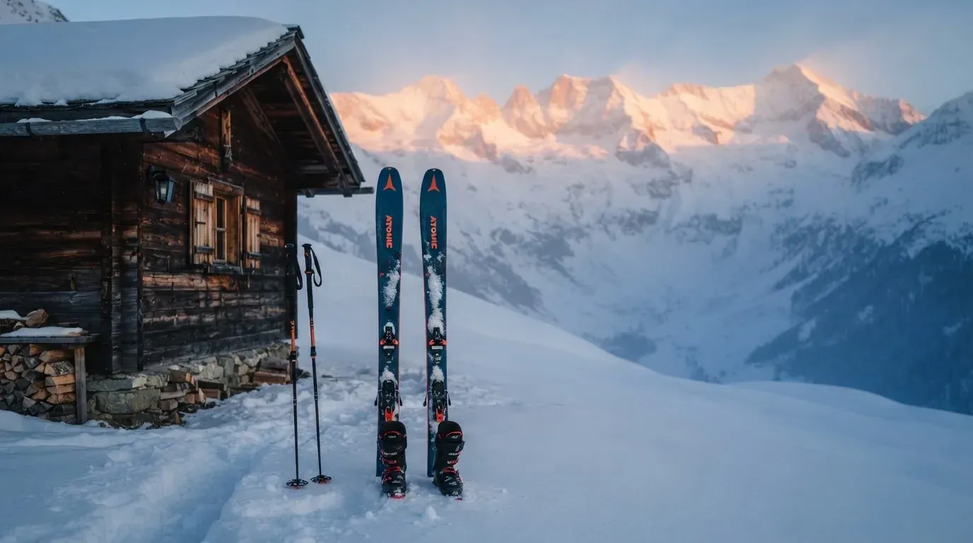 Ein Paar Ski steckt aufrecht im Schnee vor einer Berghütte, im Hintergrund färbt der Sonnenaufgang die Gipfel.