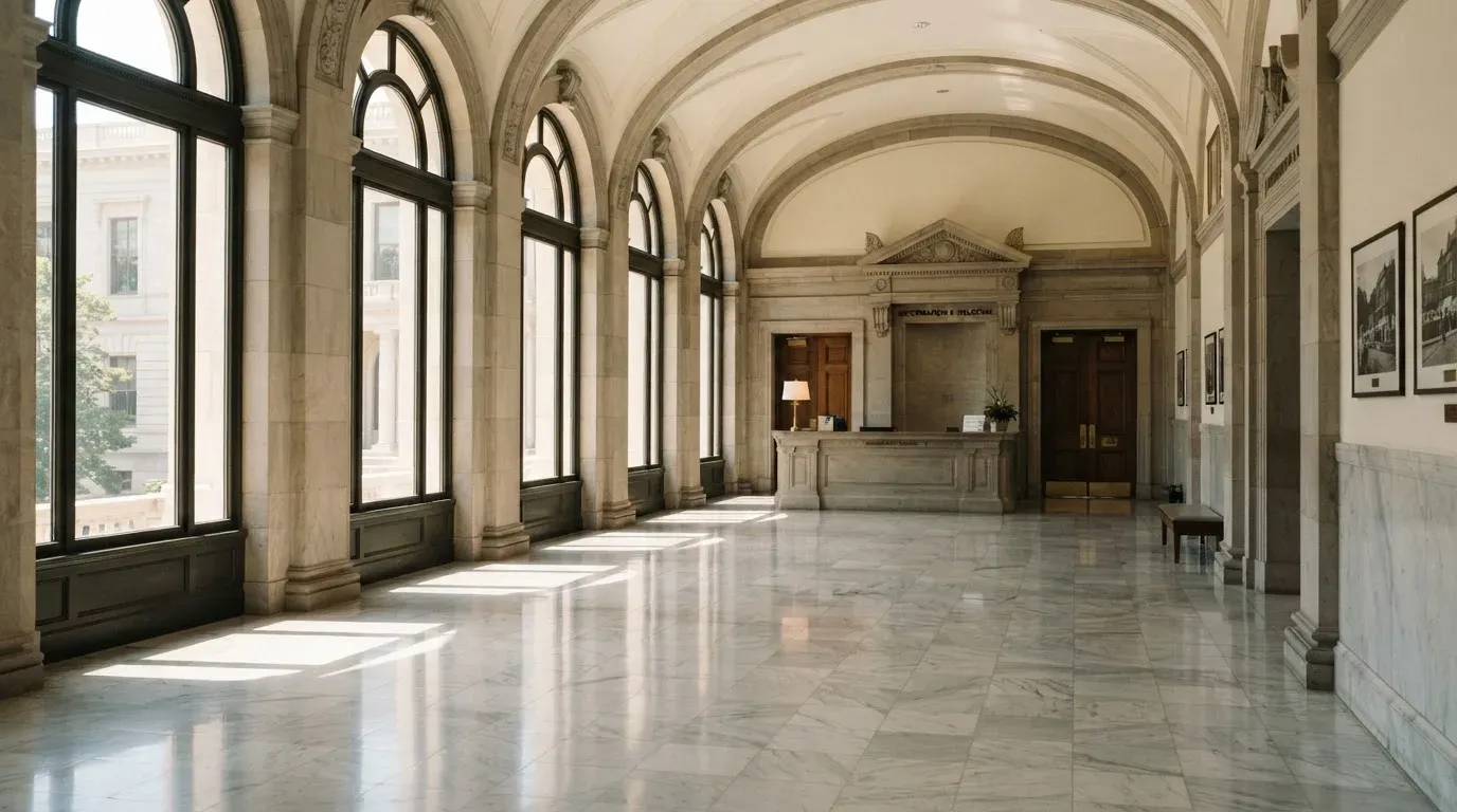 Eine Eingangshalle mit Marmorboden und hohen Fenstern ohne Menschen, Tageslicht spiegelt sich auf dem Boden.