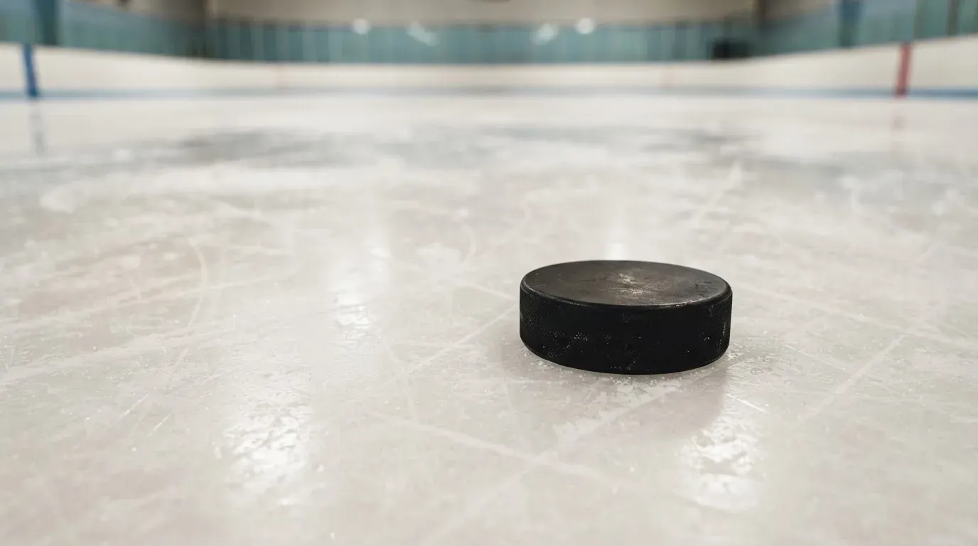 Ein Eishockeypuck liegt in Grossaufnahme auf der Eisfläche, feine Kratzer im Eis glänzen im hellen Hallenlicht.