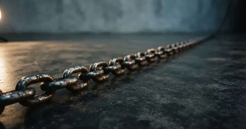 Eine schwere Kette aus Stahlgliedern liegt gespannt auf dunklem Beton, das Licht betont jedes einzelne Glied.