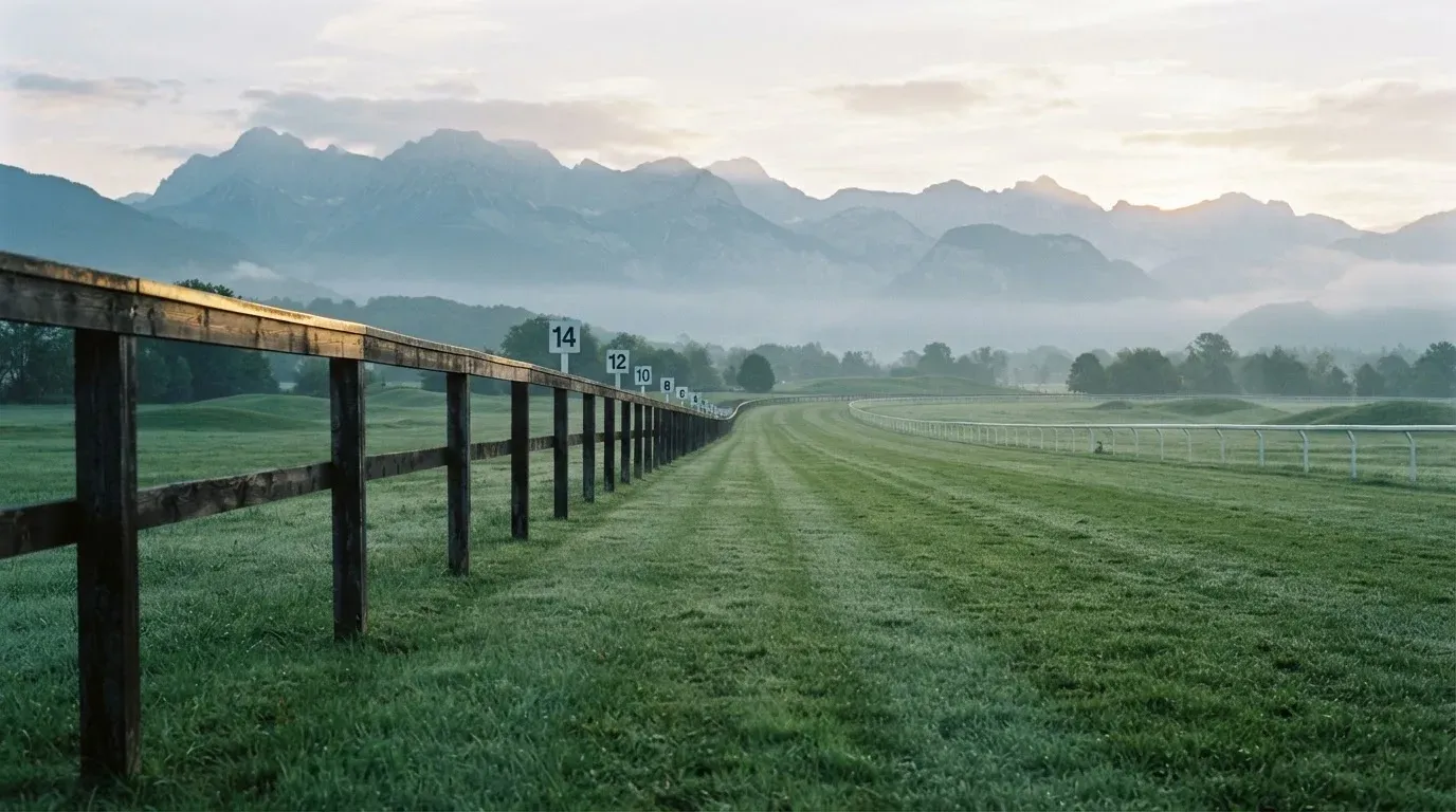 Eine leere Pferderennbahn mit gepflegter Zielgeraden und Holzzaun, im Hintergrund stehen Berge im Dunst.