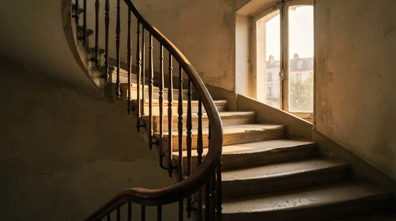 Ein Holzgeländer an einer Treppe in einem Altbau, durch ein Fenster fällt Licht auf die abgetretenen Stufen.