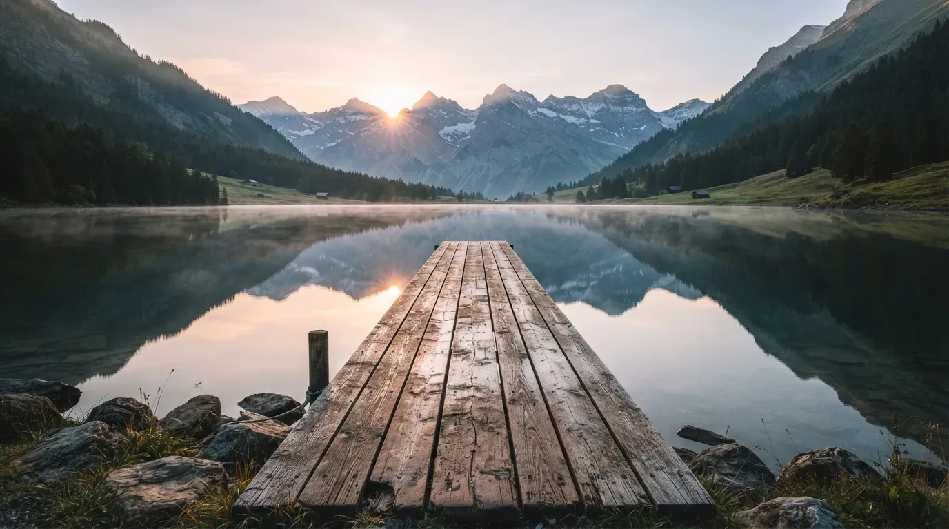 Ein Holzsteg führt über einen stillen Bergsee in den Alpen, über dem Wasser hängen bei Sonnenaufgang einzelne Nebelschwaden.