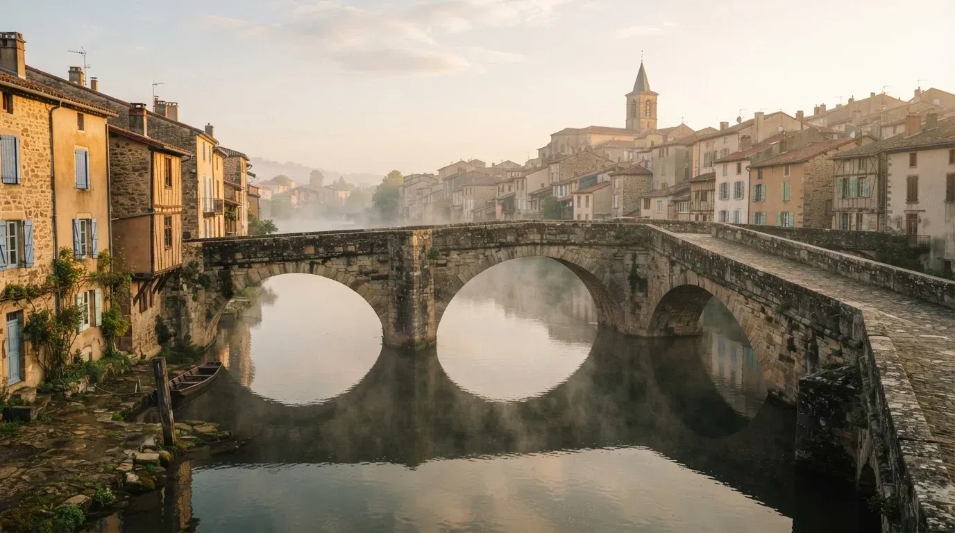 Eine steinerne Bogenbrücke überspannt am frühen Morgen einen Fluss in einer Altstadt, auf dem Wasser liegt dünner Nebel.